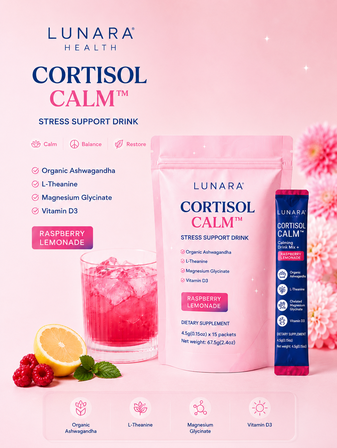 LUNARA Cortisol Calm™ — Stress Support Drink Mix | Raspberry Lemonade